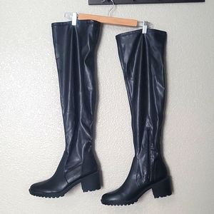 NEVER WORN XOXO Raquel vinyl stretch thigh-high boots size 9.5 NWOT